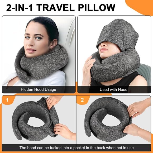 Travel Pillow - Hooded Neck Pillow Airplane, Memory Foam Pillow for Plane, Offic - Picture 3 of 6